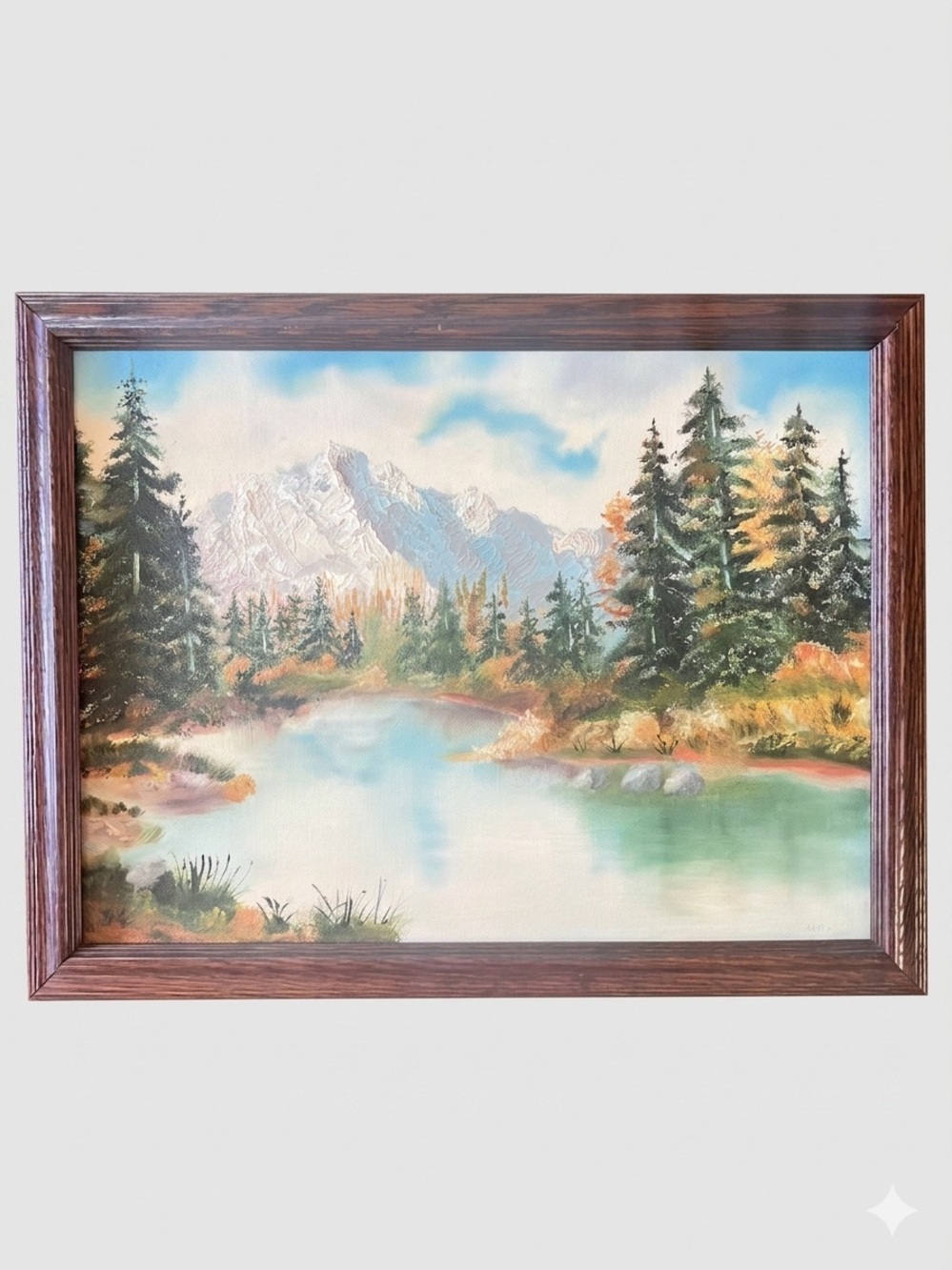 Original Framed Landscape Oil Painting Wall Art Snow Capped Mountain Lake 12x16